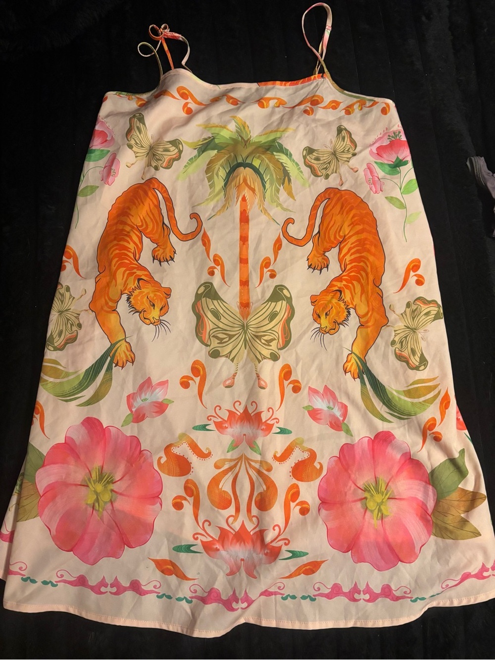SHEIN Cream Slip Dress with Orange Tiger & Pink Floral Motif